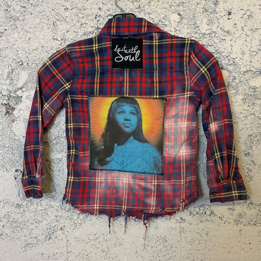 Upcycled Kids Red Plaid Flannel Shirt with Graphic Patch
